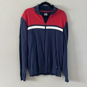 Mistral‎ Zip Sweater Jacket Navy Red Stripe Mock Neck Large Preppy Colorblock